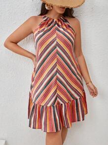 SHEIN VCAY 大碼條紋圖案荷葉邊掛脖連衣裙 - 彩色 - 查看 1