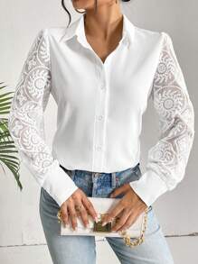 SHEIN Privé Lưới thêu tương phản Nút phía trước Áo sơ mi - trắng - Xem 5