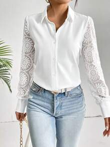 SHEIN Privé Lưới thêu tương phản Nút phía trước Áo sơ mi - trắng - Xem 6