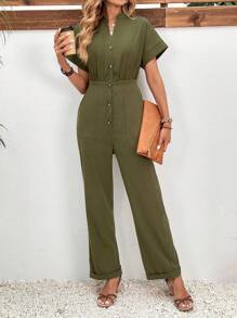 SHEIN Privé Button Front Batwing Sleeve Shirt Jumpsuit - Army Green - View 2