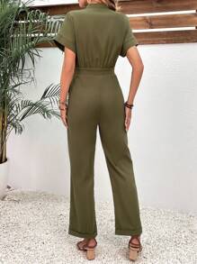 SHEIN Privé Button Front Batwing Sleeve Shirt Jumpsuit - Army Green - View 3
