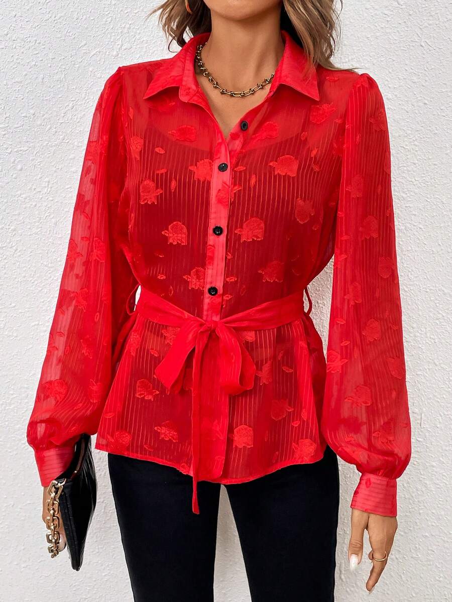 SHEIN Clasi 花卉圖案提花腰帶襯衫