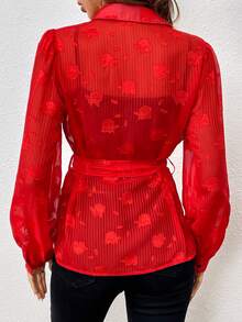 SHEIN Clasi 花卉圖案提花腰帶襯衫