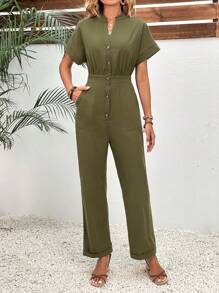SHEIN Privé Button Front Batwing Sleeve Shirt Jumpsuit - Army Green - View 5