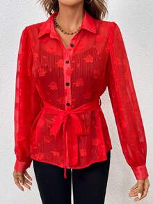 SHEIN Clasi 花卉圖案提花腰帶襯衫