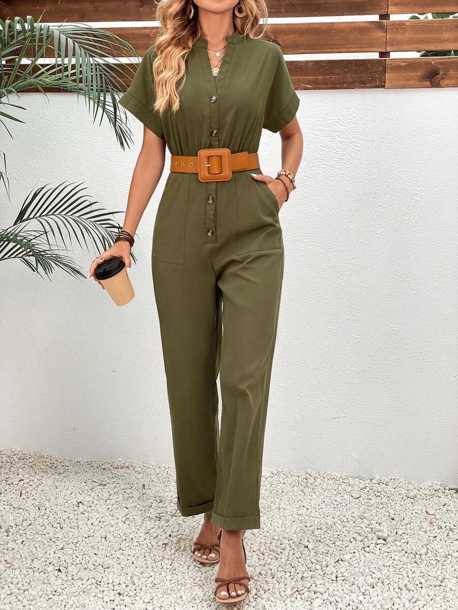 SHEIN Privé Button Front Batwing Sleeve Shirt Jumpsuit - Army Green - View 1