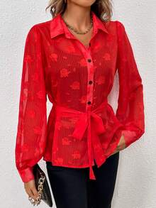 SHEIN Clasi 花卉圖案提花腰帶襯衫