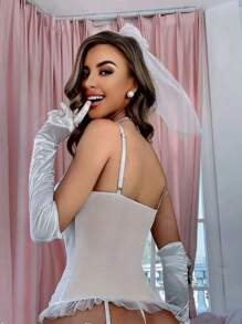 Set bustier con encaje floral con aro con liga sin guantes - Blanco - Ver 4