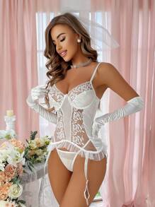 Set bustier con encaje floral con aro con liga sin guantes - Blanco - Ver 2