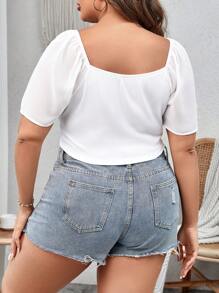 SHEIN VCAY Plus Drawstring Front Crop Top - White - View 2