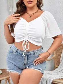 SHEIN VCAY Plus Drawstring Front Crop Top - White - View 3