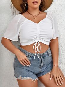 SHEIN VCAY Plus Drawstring Front Crop Top - White - View 5