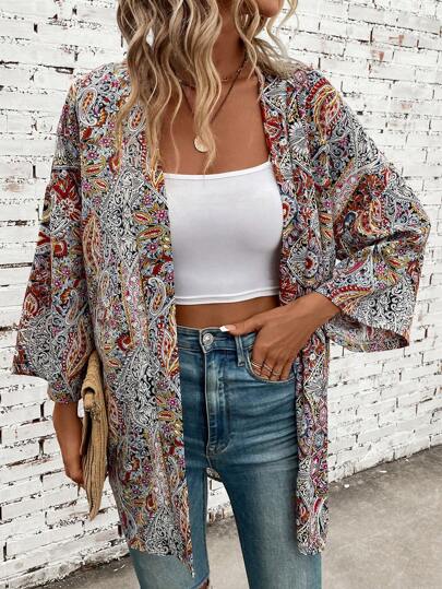 Swim Vcay 佩斯利印花蝙蝠袖前开襟和服夏季