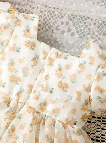 女嬰印花方領泡泡袖洋裝 - 米色 - 查看 3