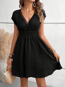 Breezaya Guipure Lace Trim Batwing Sleeve Dress - Black - View 1