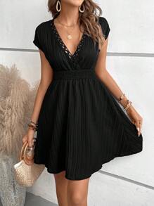 Breezaya Guipure Lace Trim Batwing Sleeve Dress - Black - View 3