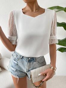 SHEIN Privé Tay áo lưới tương phản Người yêu Đường viền cổ áo Áo sơ mi - trắng - Xem 3