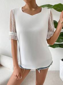 SHEIN Privé Tay áo lưới tương phản Người yêu Đường viền cổ áo Áo sơ mi - trắng - Xem 5