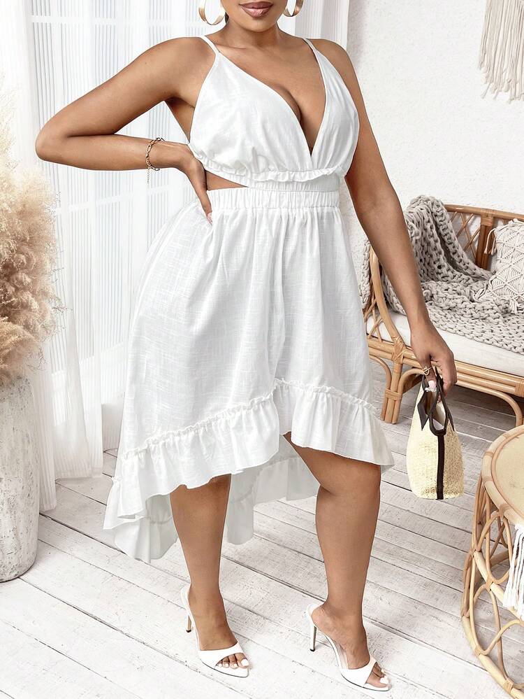 SHEIN SXY Hơn Cắt ra Xù Hoa Sen Váy Dây - trắng - Xem 3