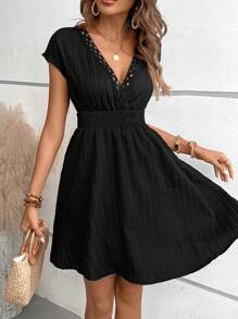 Breezaya Guipure Lace Trim Batwing Sleeve Dress - Black - View 6