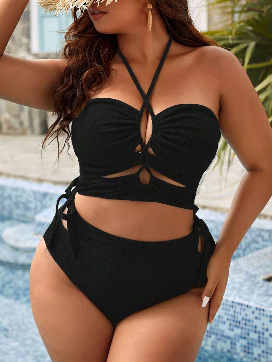 Swim Vcay Summer Beach Plus Size Crisscross Tie Side Halter Bikini Set