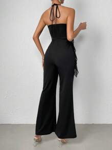 Chiquease Viền Ruffle Ca-vát Backless Áo liền quần Dây thắt cổ - màu đen - Xem 3