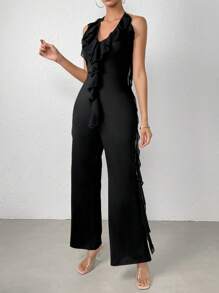 Chiquease Viền Ruffle Ca-vát Backless Áo liền quần Dây thắt cổ - màu đen - Xem 4