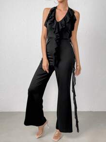 Chiquease Viền Ruffle Ca-vát Backless Áo liền quần Dây thắt cổ - màu đen - Xem 1