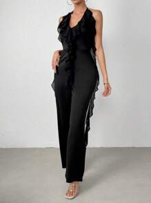 Chiquease Viền Ruffle Ca-vát Backless Áo liền quần Dây thắt cổ - màu đen - Xem 5