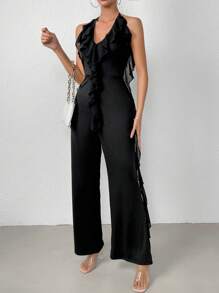 Chiquease Viền Ruffle Ca-vát Backless Áo liền quần Dây thắt cổ - màu đen - Xem 6