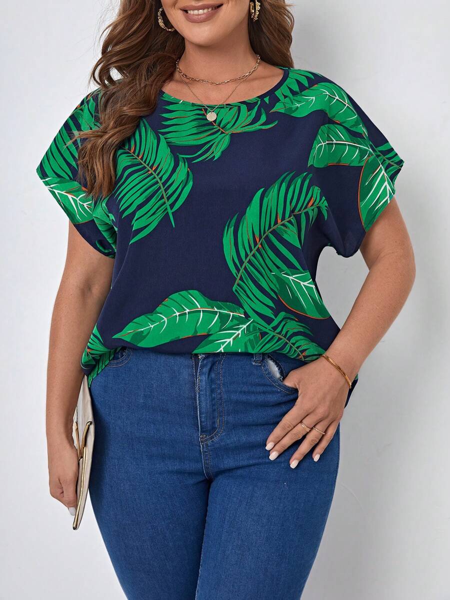 SHEIN LUNE Plus Tropical Print Batwing Sleeve Blouse, Summer - Navy Blue - View 1