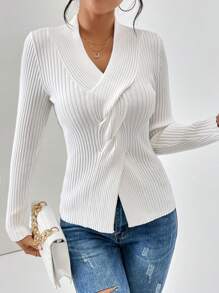 SHEIN Essnce 前扭結條紋針織套頭毛衣 - 白色 - 查看 5