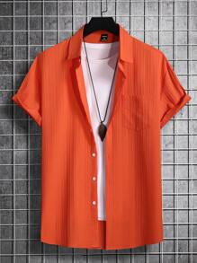 Manfinity Homme Hombres Camisa unicolor con botón - Naranja - Ver 2