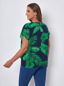 SHEIN LUNE Plus Tropical Print Batwing Sleeve Blouse, Summer - Navy Blue - View 2