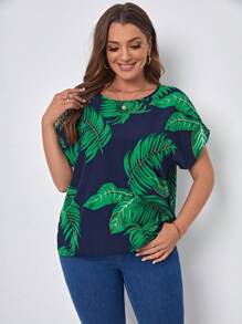 SHEIN LUNE Plus Tropical Print Batwing Sleeve Blouse, Summer - Navy Blue - View 3