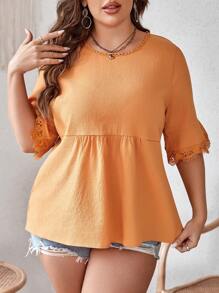 SHEIN VCAY Áo sơ mi Plus Size Tương phản ren Viên lá sen màu trơn Giải trí - màu nâu - Xem 1