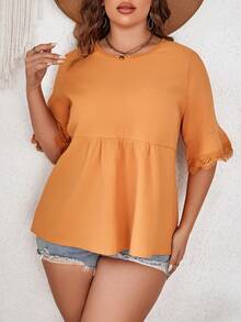 SHEIN VCAY Áo sơ mi Plus Size Tương phản ren Viên lá sen màu trơn Giải trí - màu nâu - Xem 3