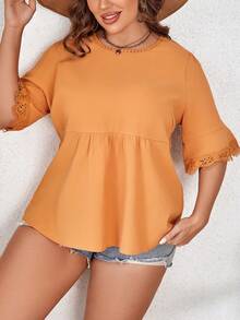 SHEIN VCAY Áo sơ mi Plus Size Tương phản ren Viên lá sen màu trơn Giải trí - màu nâu - Xem 4