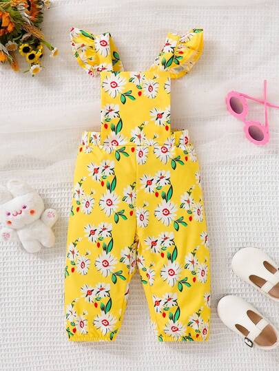 Baby Girl Floral Print Ruffle Trim Overall Jumpsuit