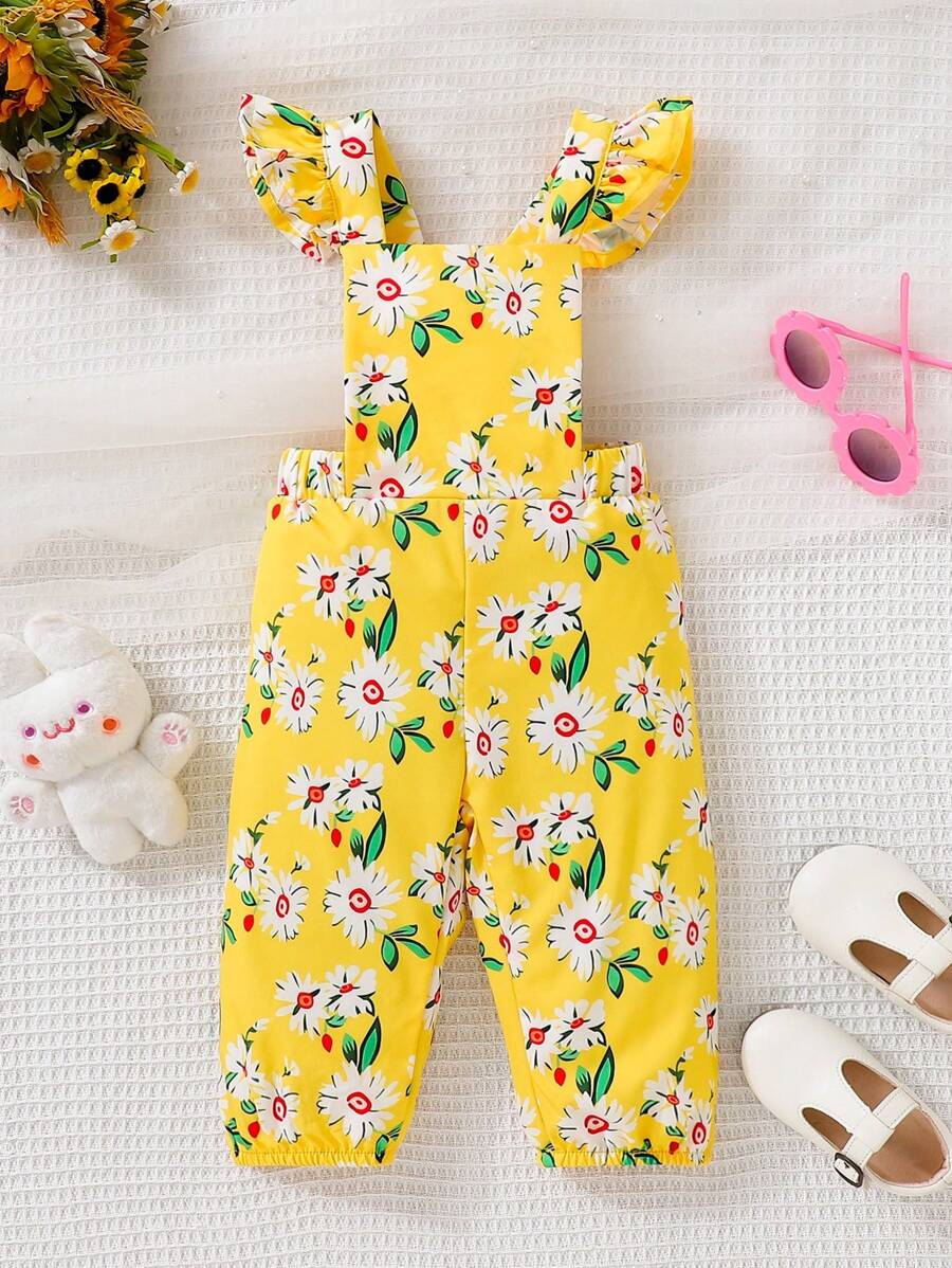 Baby Girl Floral Print Ruffle Trim Overall Jumpsuit - Yellow - View 1