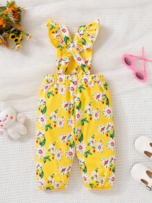 Baby Girl Floral Print Ruffle Trim Overall Jumpsuit - Yellow - View 2
