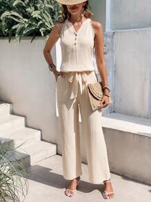 SHEIN Frenchy Chất rắn Áo ba lỗ & Thắt lưng Quần ống rộng - Màu be - Xem 1