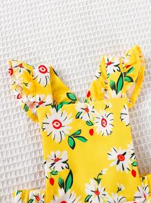 Baby Girl Floral Print Ruffle Trim Overall Jumpsuit - Yellow - View 3