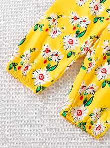 Baby Girl Floral Print Ruffle Trim Overall Jumpsuit - Yellow - View 5
