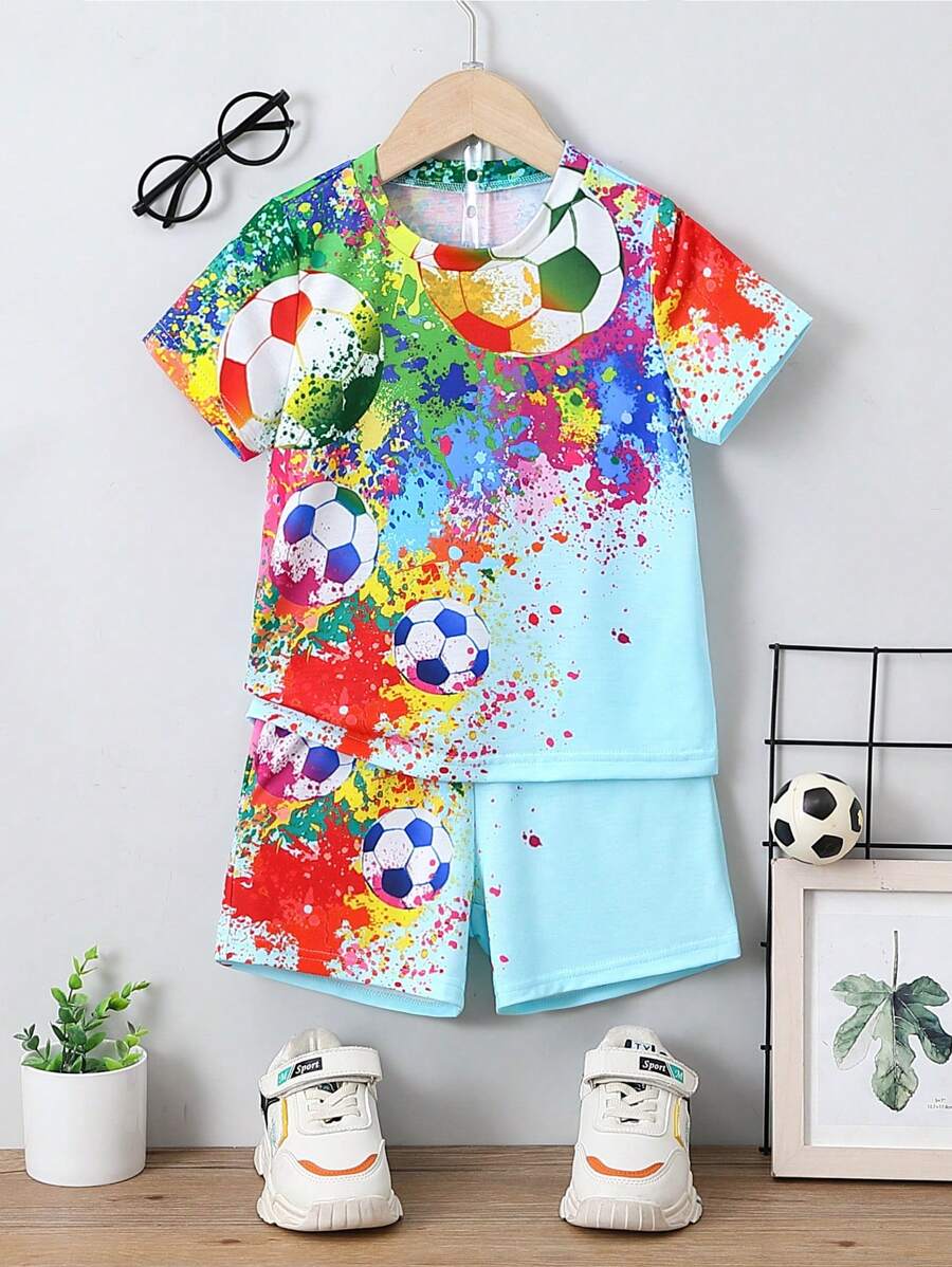 SHEIN Young Boy Soccer Print Tee & Shorts - Baby Blue - View 1