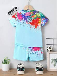 SHEIN Young Boy Soccer Print Tee & Shorts - Baby Blue - View 2