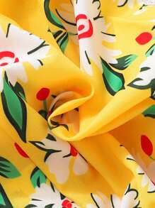 Baby Girl Floral Print Ruffle Trim Overall Jumpsuit - Yellow - View 6