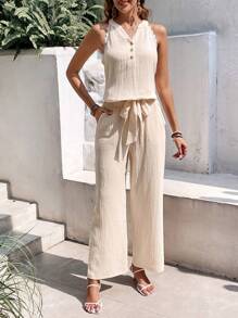 SHEIN Frenchy Chất rắn Áo ba lỗ & Thắt lưng Quần ống rộng - Màu be - Xem 6