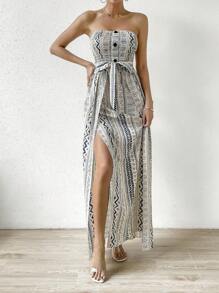 SHEIN VCAY In Địa lý Bao bên Thắt lưng Váy ống - Màu xanh hải quân - Xem 4