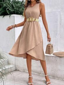 SHEIN Frenchy Chất rắn Không tay Váy chữ A - Màu be - Xem 3